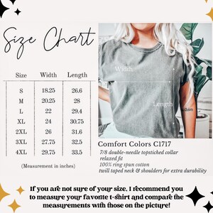 May include: Size chart for a t-shirt with measurements in inches. The chart shows the width and length of the shirt in sizes S through 4XL. The shirt is described as having a 7/8 double-needle topstitched collar, a relaxed fit, and is made of 100% ring spun cotton. The text "Comfort Colors C1717" is also visible.