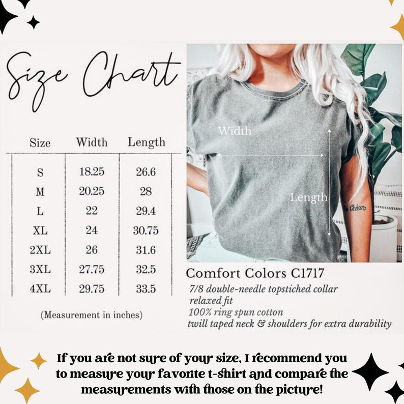 May include: Size chart for a t-shirt with measurements in inches. The chart shows the width and length of the shirt in sizes S through 4XL. The shirt is described as having a 7/8 double-needle topstitched collar, a relaxed fit, and is made of 100% ring spun cotton. The text "Comfort Colors C1717" is also visible.
