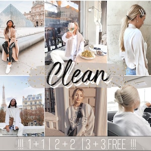 May include: A collage of photos featuring a woman in various settings, including a city street, a cafe, and a car. The photos are all in a clean, minimalist style, with a focus on neutral colors and simple compositions. The text "Clean" is featured in the center of the collage, and the text "1+1 | 2+2 | 3+3 FREE!!" is featured at the bottom of the collage.