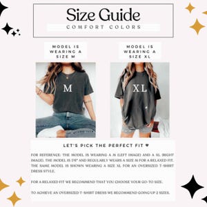 May include: Size guide for t-shirts with two models wearing different sizes. The model on the left is wearing a size M and the model on the right is wearing a size XL. The text reads "Let's pick the perfect fit." and includes sizing recommendations for a relaxed fit and an oversized t-shirt dress.