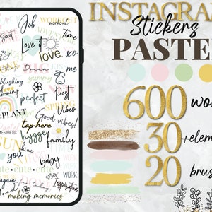 Peut inclure: Une illustration numérique d'autocollants Instagram de couleur pastel avec 600 mots, 30 éléments et 20 pinceaux. Les autocollants comprennent des mots comme "love it", "good vibes", "family" et "baby".