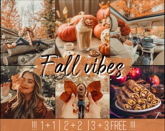 Op de afbeelding: Een collage van afbeeldingen met een herfstthema. De afbeeldingen bevatten pompoenen, herfstbladeren, een vrouw in een auto en een vrouw die een blad vasthoudt. De tekst "Fall vibes" is geschreven in wit op een bruine achtergrond met gouden glitter. De tekst "!!! 1 + 1 | 2 + 2 | 3 + 3 FREE !!!" is geschreven in wit op een bruine achtergrond.