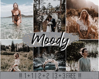 May include: A collage of moody photos featuring a woman in a swimsuit, a couple getting married, a woman sitting in a field, and a woman standing in a forest. The text "Moody" is written in black on a gray background with gold glitter.