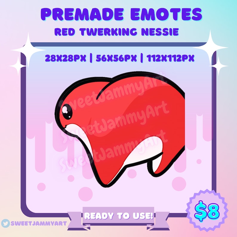 May include: A digital graphic of a red cartoon Nessie, titled "Red Twerking Nessie." The image includes text indicating premade emotes, with size options of 28x28px, 56x56px, and 112x112px. The design is set against a gradient background with the text "READY TO USE!!".