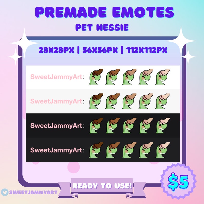 May include: A set of four animated emotes featuring a green cartoon monster with different hand gestures. The emotes are available in three sizes: 28x28 pixels, 56x56 pixels, and 112x112 pixels. The emotes are labelled "SweetJammyArt" and are ready to use. The price is &pound;5.