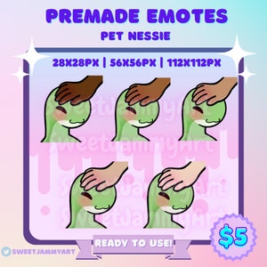 May include: Four animated emotes of a green cartoon creature with a pink blush on its cheeks. The creature is being petted on the head by a hand. The emotes are in different sizes: 28x28 pixels, 56x56 pixels, and 112x112 pixels. The text "PREMADE EMOTES" and "PET NESSIE" is at the top of the image. The text "READY TO USE!" is at the bottom of the image. The text "&pound;5" is in a pink circle at the bottom right of the image.