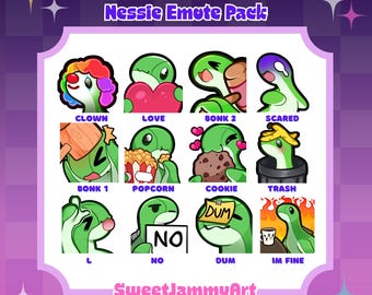 May include: A digital collection of twelve Nessie emotes featuring a green creature in various states. Labels include CLOWN, LOVE, BONK 2, SCARED, BONK 1, POPCORN, COOKIE, TRASH, L, NO, DUM, and IM FINE. Sizes are 28x28px, 56x56px, and 112x112px.