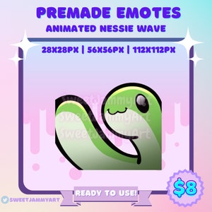 May include: Animated Nessie wave emote in green and white, waving with a friendly expression. The emote is available in three sizes: 28x28 pixels, 56x56 pixels, and 112x112 pixels. The text "READY TO USE!" is displayed on a purple ribbon. The price is $8.