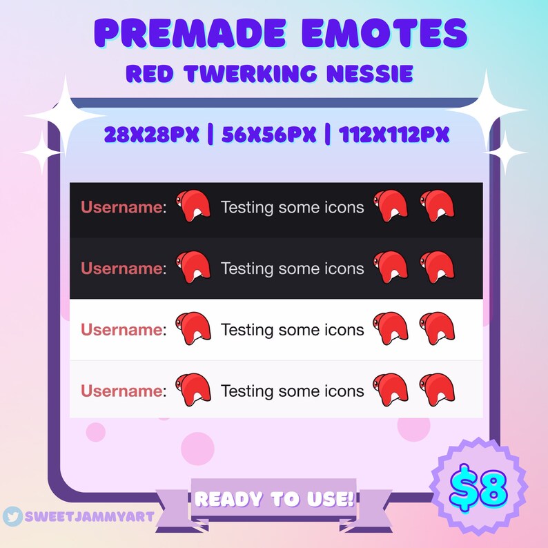 May include: Digital art graphic featuring the text "PREMADE EMOTES" and "RED TWERKING NESSIE". The image displays examples of emotes with a red Nessie design. The text "READY TO USE!!" is also present.