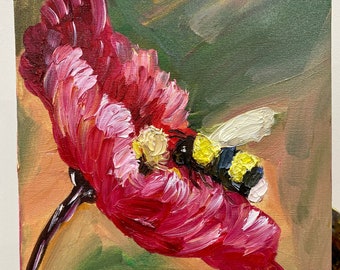 Honeybee dipinto ad olio Tela originale insetto opera d'arte, Olio su tela Pittura Arte originale Fiore Parete Arte 8 da 8 Ape miele