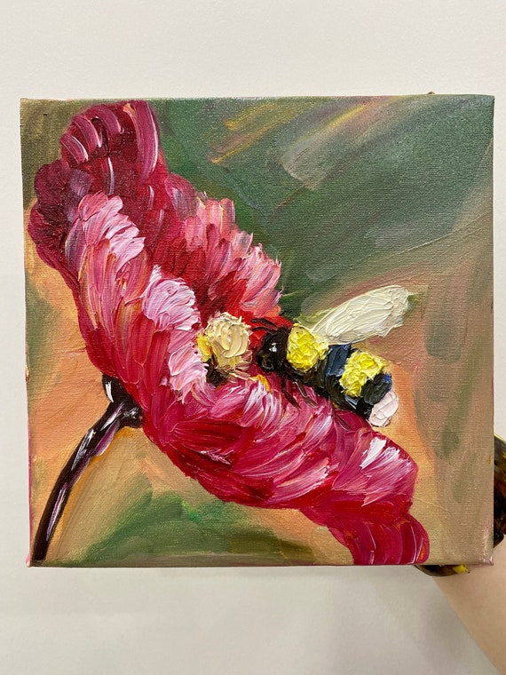 Honey Bee Painting Original Art Floral Artwork Flowers Wall Art Insect ...