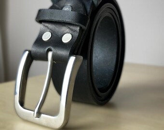 Men's Black Leather Belt Stainless Steel Buckle, Full Grain Leather Handcrafted
