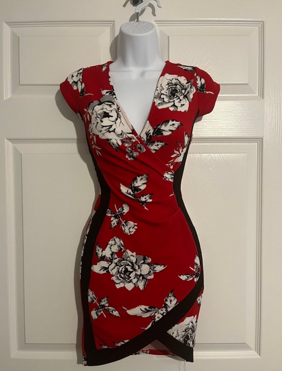 Vintage Crave Fame Red Cocktail Dress Womens Size XXS Floral Bodycon Wrap Front Night Dress Etsy Canada