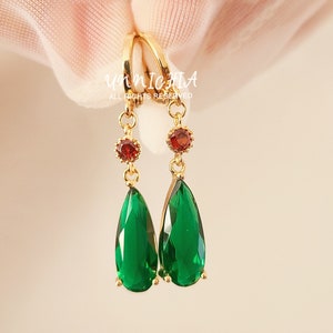 Howl&#39;s Earrings Gold Huggie Hoops Earrings, Teardrop Emerald Wedding Earrings, Mom Gift, Dangle and Drop Birthstone Earrings, Anime Cosplay