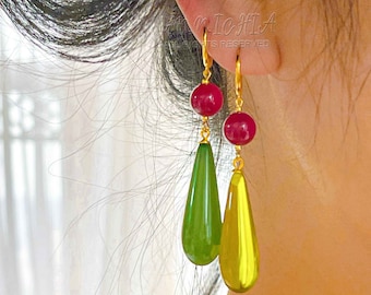 Pendientes colgantes inspirados en Ghibli: gota de resina, oro vermeil de 18 quilates