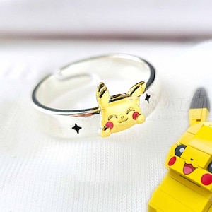 Uroczy srebrny pierścień Pokeball Anime Cartoon Band, pierścień Lightning Bolt Chubby Anime Stackable, regulowany srebrny pierścień pomysł na prezent urodzinowy
