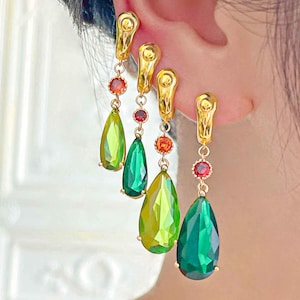 Studio Ghibli Green Gemstone Earrings Dangle Drop Hoop Earrings, Wedding Jewelry Bridal Gifts Personalized Gift Birthday Earrings For Her