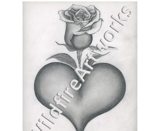 Heart Rose (Digitale Download, origineel getekend in potlood)
