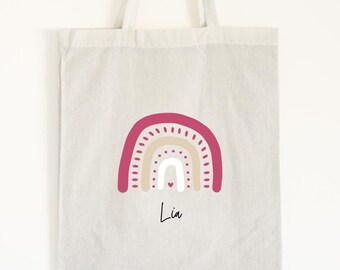First Day of School - Personalized Cotton Bag for Children - Rainbow Motif with Name - Perfect for Kindergarten, School & Leisure
