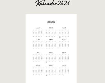Minimalist 2026 calendar | Clean PDF calendar | Yearly overview | Digital download for printing & iPad background and widget
