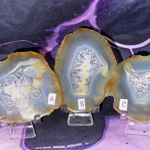 May include: Three polished agate slices displayed on clear stands. Each slice has a unique pattern of white, gray, and yellow-brown hues. The edges are a warm brown, and the centers feature intricate crystal formations. Letters A, B, and C are on the slices.