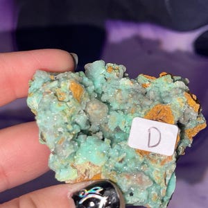 May include: A close-up of a mineral specimen with a light teal color and patches of orange and gray. A small white label with the letter "D" is attached to the mineral. The mineral is held in a person's hand.