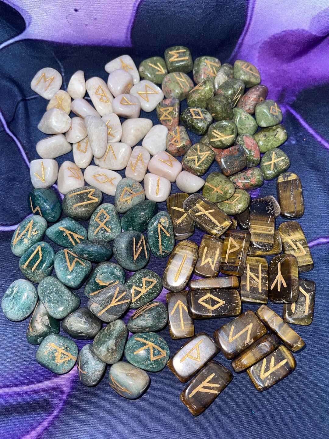 Mixed Rune Bags - Moonstone, Unikite, Green Fuchsite, & Tigers Eye - Etsy