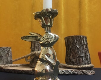 Vintage Cast Brass Rabbit Candle Holder: Handmade Table Decoration