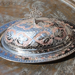 Patterned Copper Serving Plate with Lid: Tin-Lined Food Storage