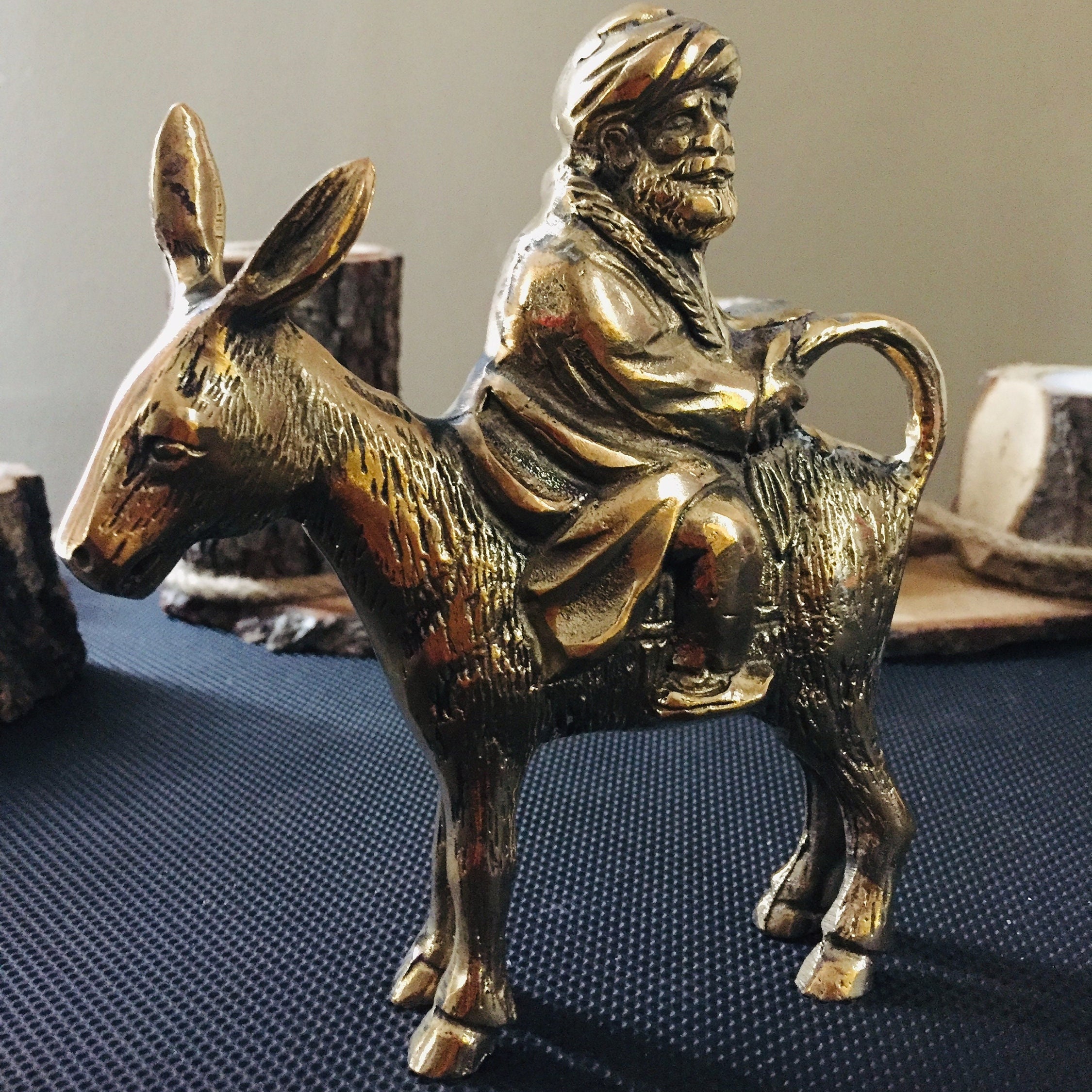 Brass Donkey Figurine: Man Riding Backwards Ornament