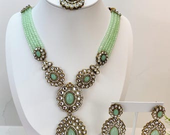 Kundan & Monolisa Beaded Necklace Set: Mint Green Indian Jewelry