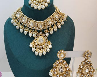 Kundan Choker Jewelry Set | Indian Pearl Necklace Earrings Tikka