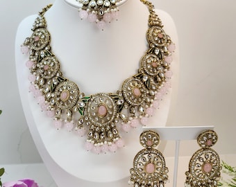 Pink Kundan Choker Set | Indian Bridal Jewelry with Tikka