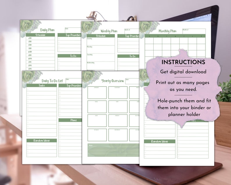 Undated Succulent Garden Printable Planner Bundle Daily, Weekly ...