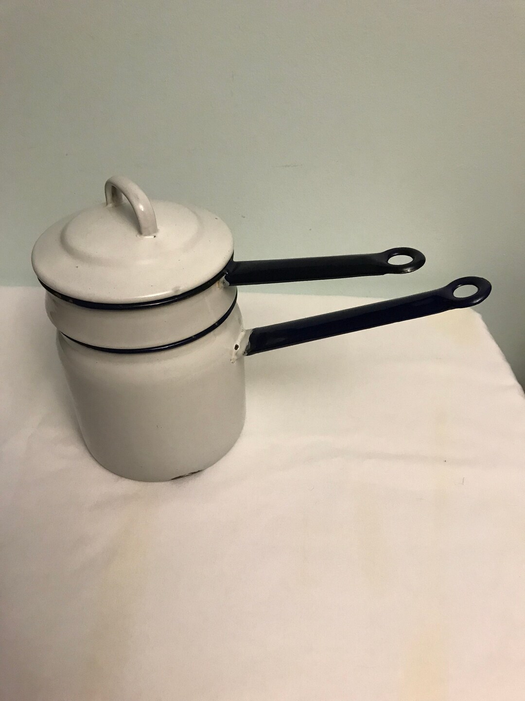 Vintage White Enamelware Double Boiler Etsy