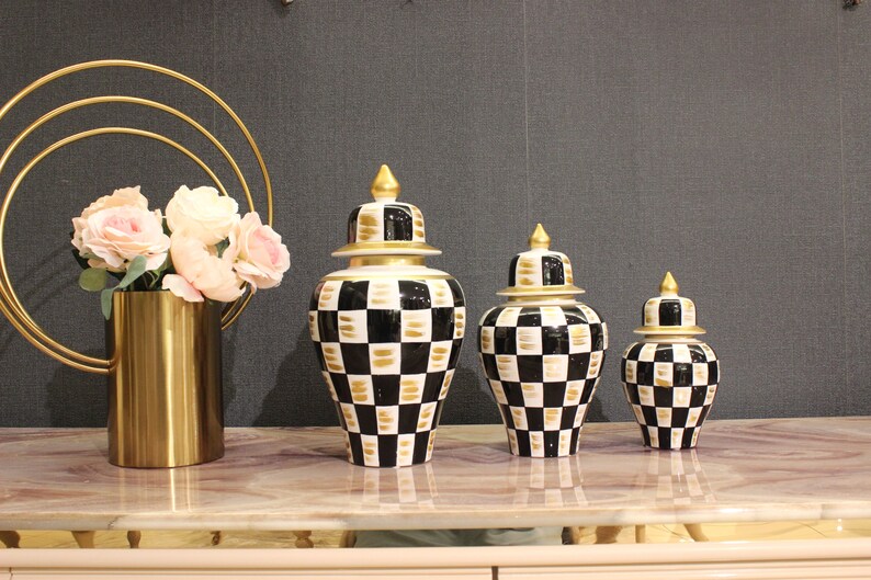 Check Pattern Ginger Jar Black and White Ginger Jars Triple Etsy