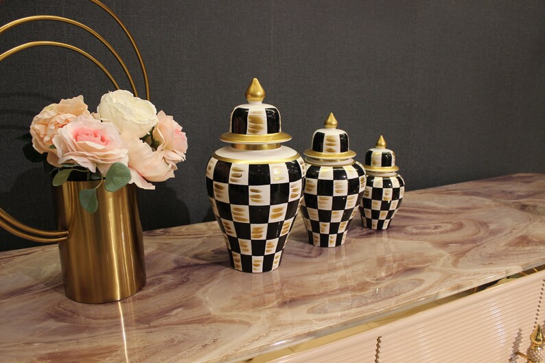 Check Pattern Ginger Jar Black and White Ginger Jars Triple Etsy