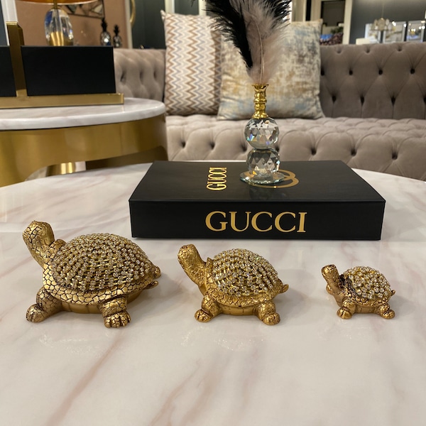 Set of 3, Turtle Figurine, Luxury Art Gold - Silver - Beige Turtle Table Decor, Turtle Lover Gift, Ocean Lover Gift, Cartoon Turtle Figurine