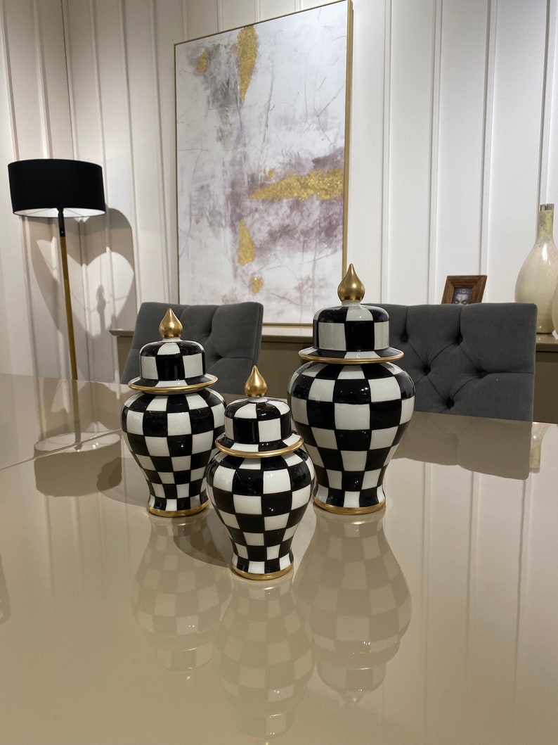 Check Pattern Ginger Jar Black and White Ginger Jars Triple Etsy