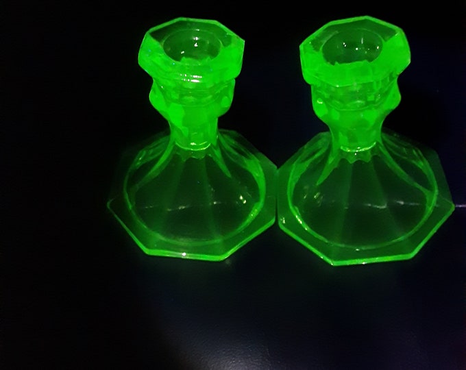 Vaseline Glass Candle Sticks, 4 1/2 High, Pair, Uranium Glass, Glows