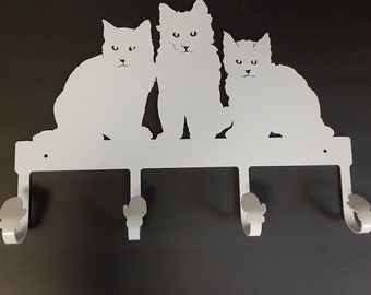 Lg White Metal Cat Wall Hooks Hanger with Four Mitten Hooks, Farm House Decor, Animals, Kittens, Wall Mounted, Display, Enthuse 1994