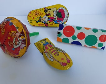 Tin Halloween Noise Makers (4), Made in USA, Others Unmarked, Clicker, Rattle, Twirlers, Comic Characters. New Years, Vintage, Collectible