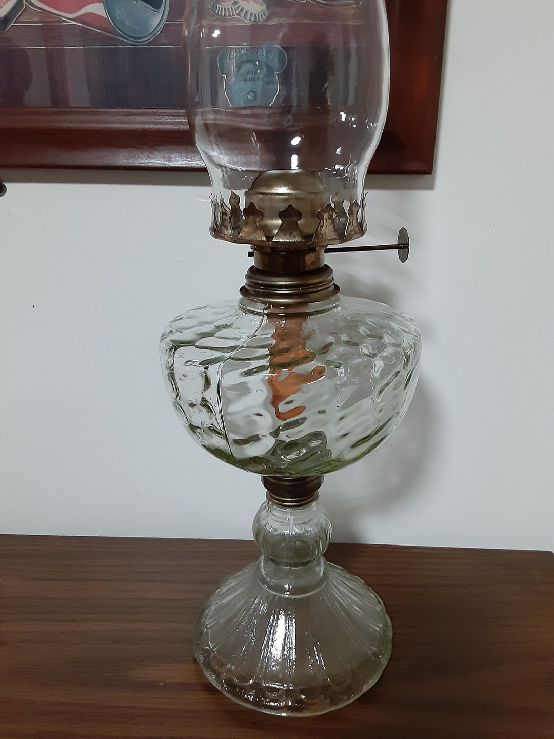 Vintage Kerosene Lamp, Made in 3 Sections, Hong Kong, 17 1/2, Clear