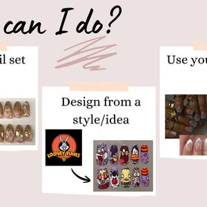 Puede incluir: Un gr&aacute;fico titulado What can I do? con tres secciones. La primera muestra un set de u&ntilde;as con detalles dorados. La segunda muestra el logo de Looney Tunes y arte de u&ntilde;as. La tercera muestra fotos de inspiraci&oacute;n y arte de u&ntilde;as en tonos azules.