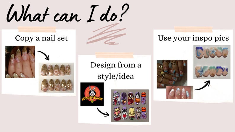Puede incluir: Un gr&aacute;fico titulado What can I do? con tres secciones. La primera muestra un set de u&ntilde;as con detalles dorados. La segunda muestra el logo de Looney Tunes y arte de u&ntilde;as. La tercera muestra fotos de inspiraci&oacute;n y arte de u&ntilde;as en tonos azules.