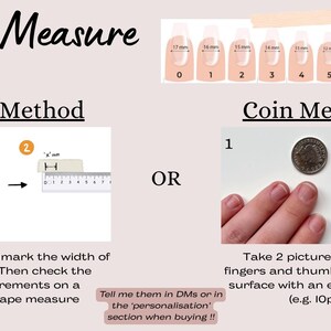 Puede incluir: Un gr&aacute;fico instructivo titulado How to Measure que muestra dos m&eacute;todos para medir u&ntilde;as. El m&eacute;todo de cinta utiliza una regla para medir una marca en un dedo. El m&eacute;todo de la moneda utiliza una moneda de 10p como escala. Incluye una tabla de tama&ntilde;os de u&ntilde;as 0-9 en mil&iacute;metros.