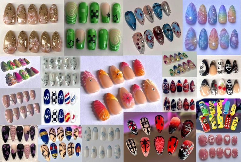 Puede incluir: Una colecci&oacute;n de varios juegos de u&ntilde;as postizas a presi&oacute;n con dise&ntilde;os diversos que incluyen patrones florales, formas geom&eacute;tricas, gr&aacute;ficos de personajes, purpurina, pedrer&iacute;a y degradados de color en m&uacute;ltiples tonos.