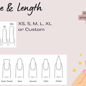Puede incluir: Un gr&aacute;fico titulado Shape & Length que muestra opciones de longitud de u&ntilde;as de XS a XXL y varias formas como redonda, cuadrada, pato, ovalada, almendra, ata&uacute;d y estilete. El texto dice For custom shapes/lengths, DM me! con manos ilustradas.
