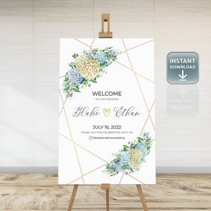 Hydrangea Flowers Wedding Welcome Sign Template 24x36&quot; • Blue and Yellow Floral Editable Event Sign • Instant Edit and Download 003A