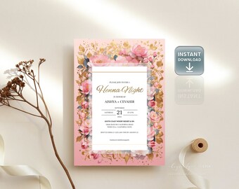 Puede incluir: Una invitación rosa con detalles florales y detalles dorados. La invitación dice "Henna Night" e incluye los detalles del evento. Un icono de descarga digital es visible.